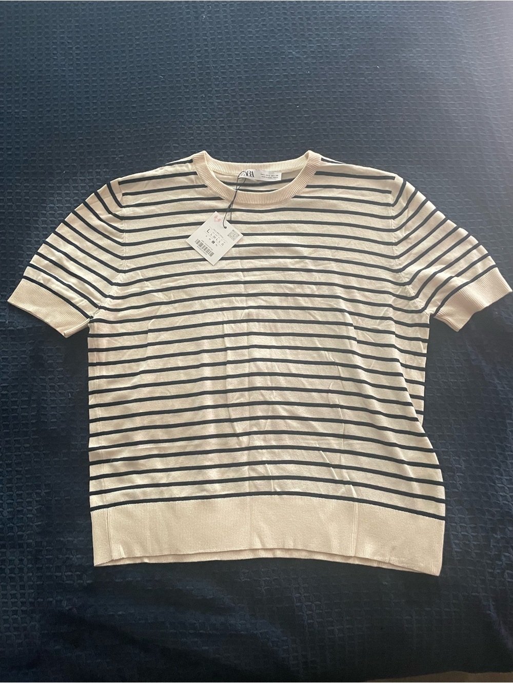 Zara Short-Sleeve Striped Knit Top in Beige and Black